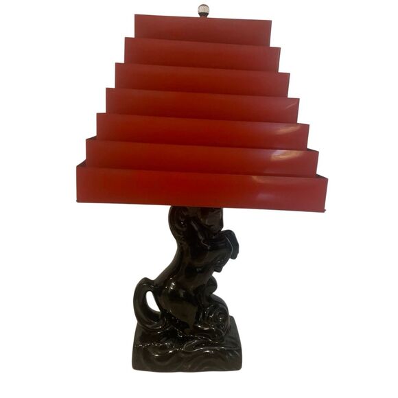 Pair of Black Ceramic Horse Mustang Lamps with Collabsable Metal Shades Mid Cent - Picture 3 of 7